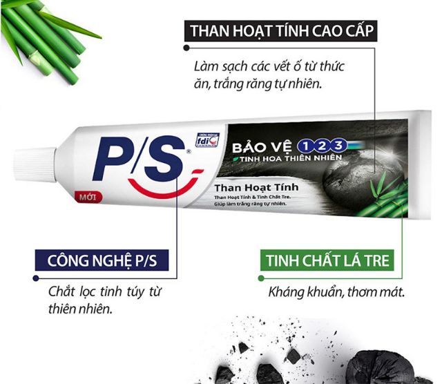 Kem đánh răng P/S bảo vệ 123 than hoạt tính 180g