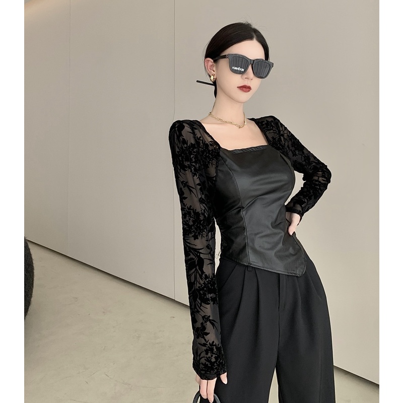 Áo kiểu tay dài cổ vuông phối ren thời trang mùa thu dễ phối đồ