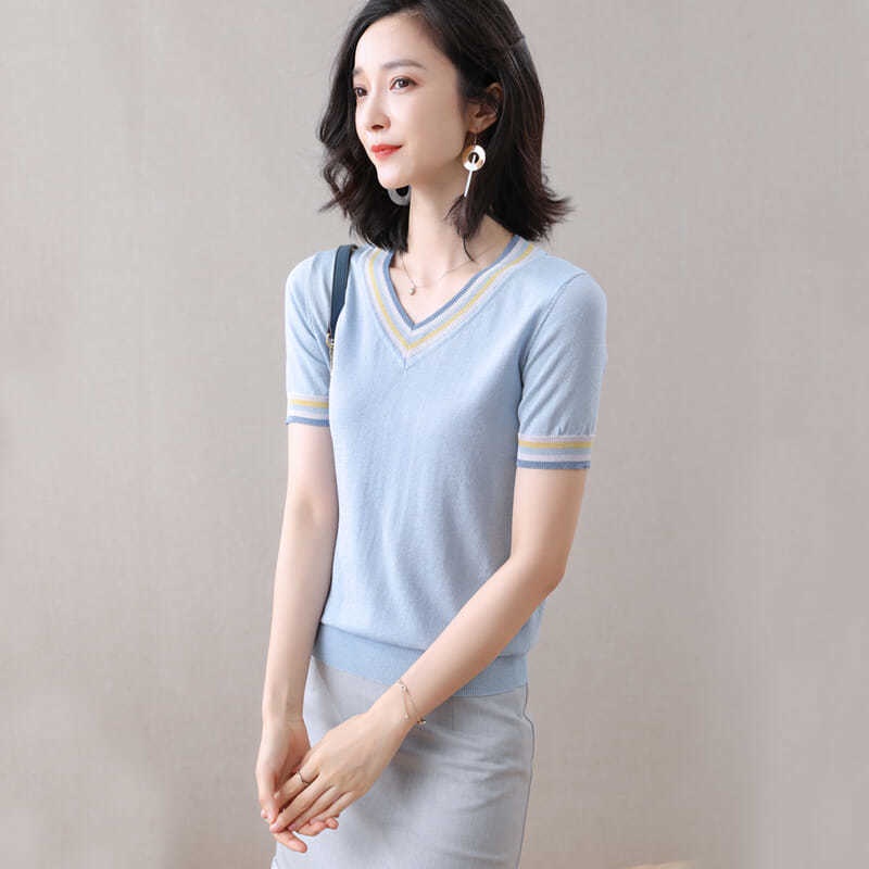 Áo Thun Lụa Dệt Kim Tay Ngắn Cổ Chữ V Thời Trang Dành Cho Nữ