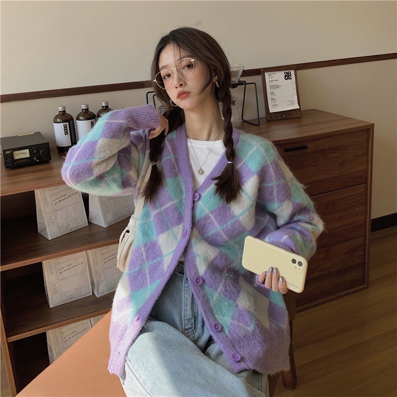Áo cardigan len dài tay kẻ trám màu tím dày dặn form rộng phong cách ulzzang Hàn Quốc cho mùa thu SẴN