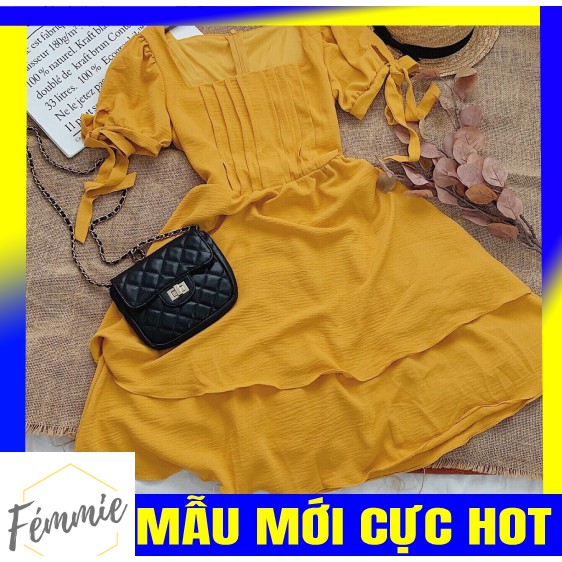 ĐẦM HOTGIRL GIÁ RẺ - Đầm dáng xòe tầng tay nơ xếp li ngực màu vàng - Thời trang hotgirl thiết kế cao cấp