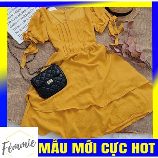 [SALE SỐC] ĐẦM HOTGIRL GIÁ RẺ - Đầm dáng xòe tầng tay nơ xếp li ngực màu vàng - Thời trang hotgirl thiết kế cao cấp