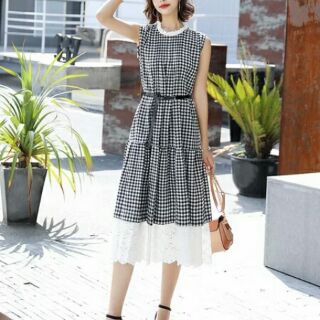 Váy maxi caro phối ren. Hàng đặt thiết kế