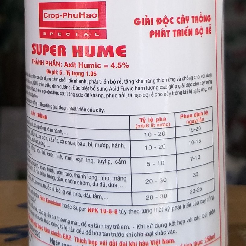 Phân Bón Axit Humic Mỹ SUPER HUME (250ml), Acid Humic Sinh Học - ra rễ mạnh, tăng trưởng nhanh