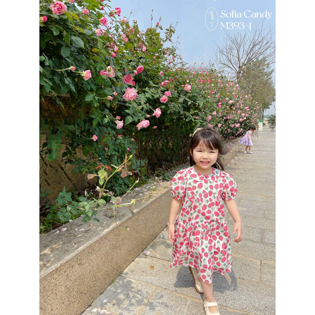 VNXK-VÁY SOFIA THIẾT KẾ FORM RỘNG HÌNH IN TRÁI DÂU, TAY PHỒNG CHO BÉ GÁI -MÃ ĐBG02