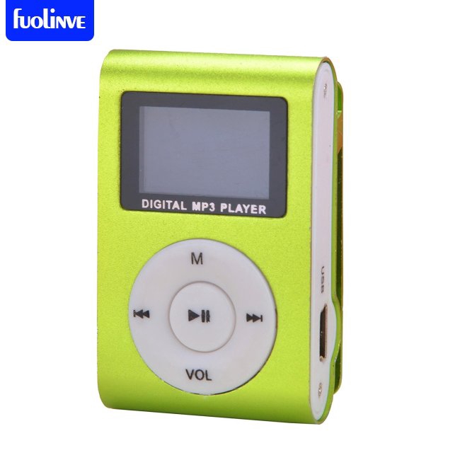 Máy nghe nhạc MP3 mini màu xanh lá có ghim cài với hỗ trợ cổng USB FM Radio màn hình LCD cho thẻ nhớ 32GB Micro SD