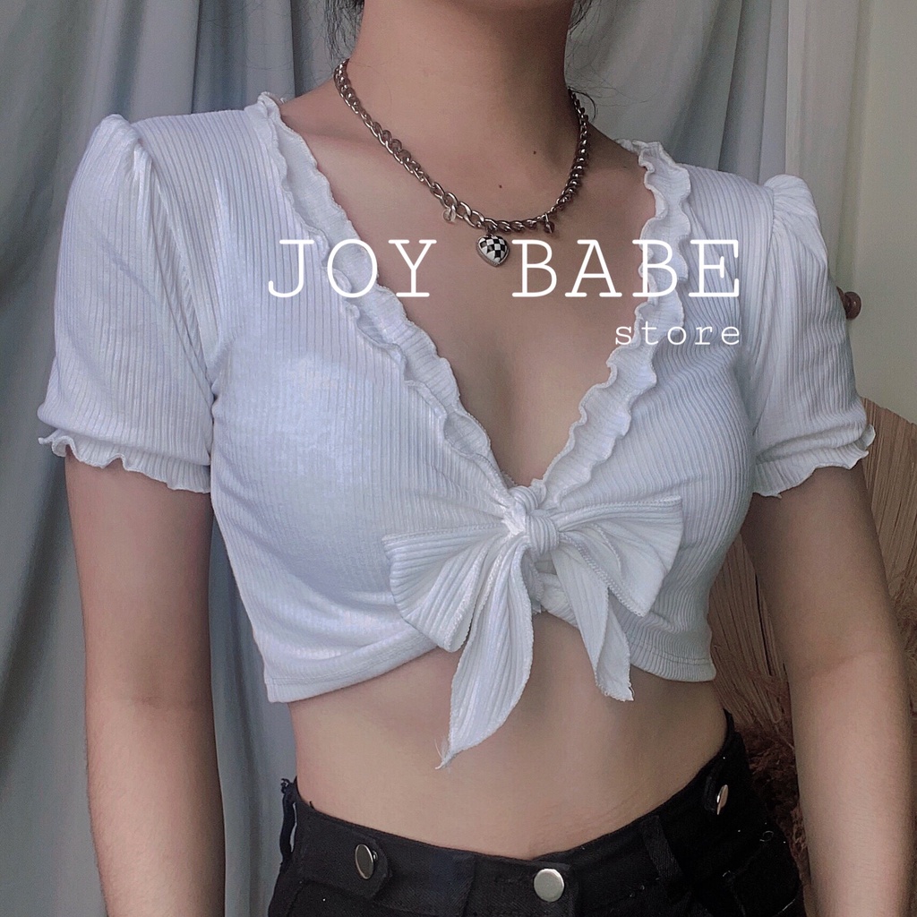 Áo croptop kiểu sexy JOY BABE form ôm🦋thun gân xịn co giãn 4 chiều,thắt 🎀 hở ngực kieu tay ngắn CRON 198 SALE