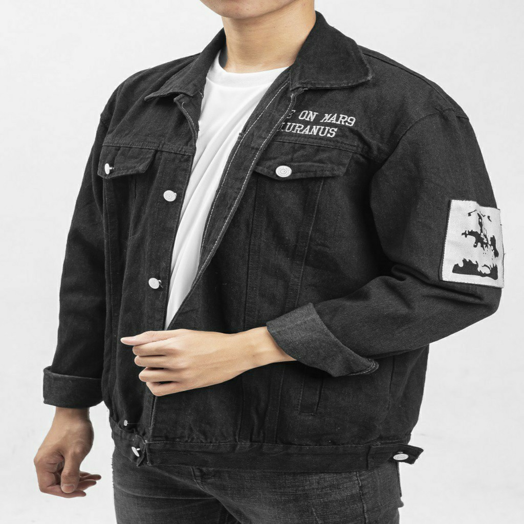 Áo khoác jean nam thiết kế đắp tay màu đen, áo khoác nam thời trang phong cách cá tính | BigBuy360 - bigbuy360.vn