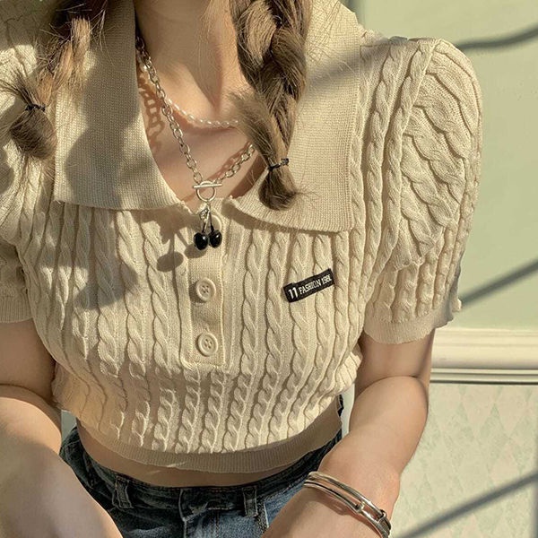 Áo polo Dệt Kim Ngắn Tay Thời Trang Mùa Hè Phong Cách Retro Mỹ Cho Nữ