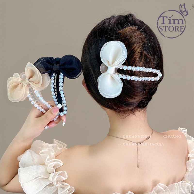 Kẹp tóc nơ ngọc trai nhân tạo TÍM STORE phụ kiện búi tóc phong cách hàn quốc