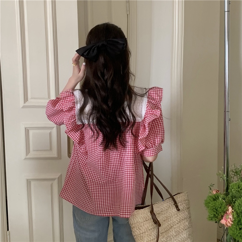 Áo Sơ Mi Tay Ngắn Cổ Vuông Họa Tiết Sọc Caro Phong Cách Retro Cho Nữ