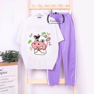 Sét Bộ Đồ Thời Trang Nữ Mặc Đi Chơi Dạo Phố, Áo Phông Cotton Bò Sữa HE HE Kèm Quần Thun Bo Gấu Phong Cách Teen Hàn Quốc