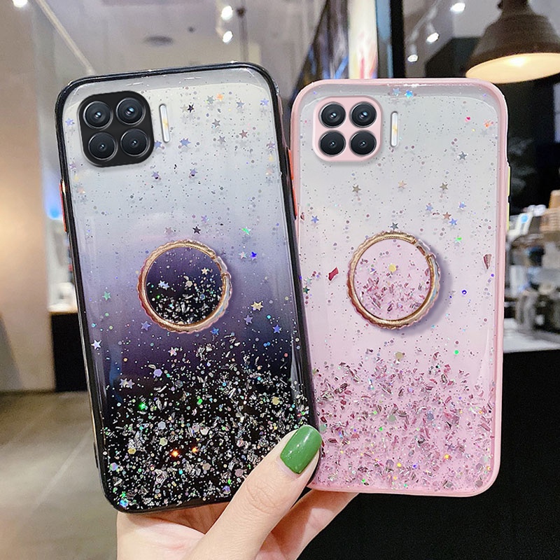 Ốp điện thoại dẻo kim sa ngôi sao lấp lánh màu sắc gradient có nhẫn đỡ kim loại cho OPPO A73 2020 A93 2020 RENO 4F