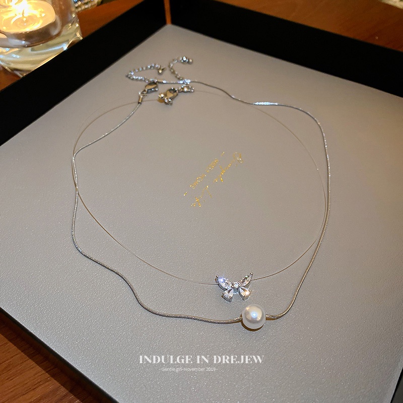 Vòng cổ Hai Lớp Mặt Hình Bướm Đính Đá Zircon Ngọc Trai Sang Trọng Thời Trang Mùa Hè 2022 Dành Cho Bạn Nữ