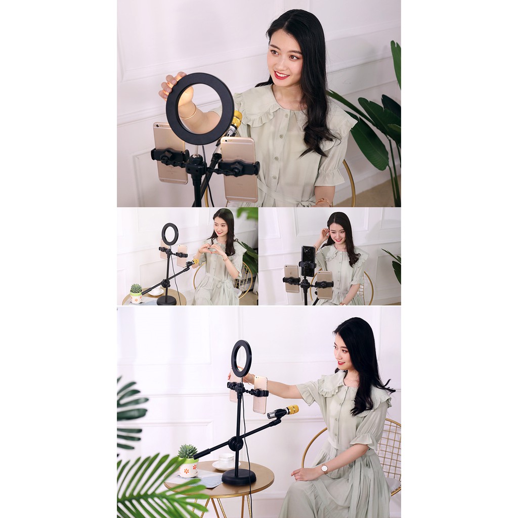 Bộ livestream tiktok/bán hàng...3 chế độ sáng đèn cao 51cm, tích hợp 2 điện thoại 1 giá để mic