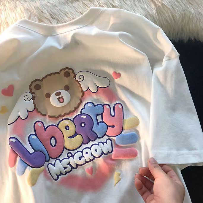 Áo Thun Tay Ngắn Cổ Tròn Dáng Rộng In Họa Tiết Chú Gấu Hoạt Hình Phong Cách Nhật Bản Thời Trang Mùa Hè Cho Bé Gái 11-14 Tuổi