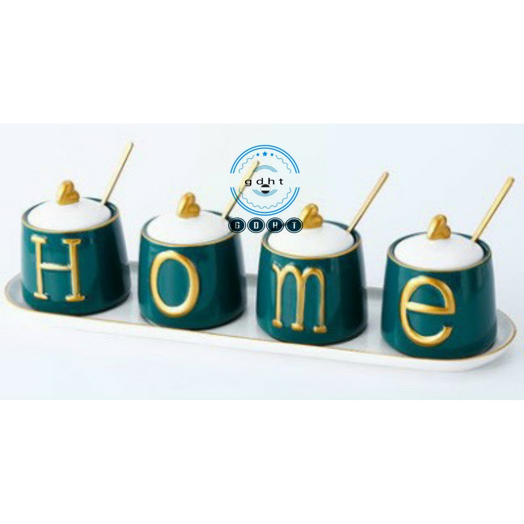 BỘ 3 HŨ ĐỰNG GIA VỊ BẰNG SỨ CAO CẤP MÀU TRẮNG XANH HOME