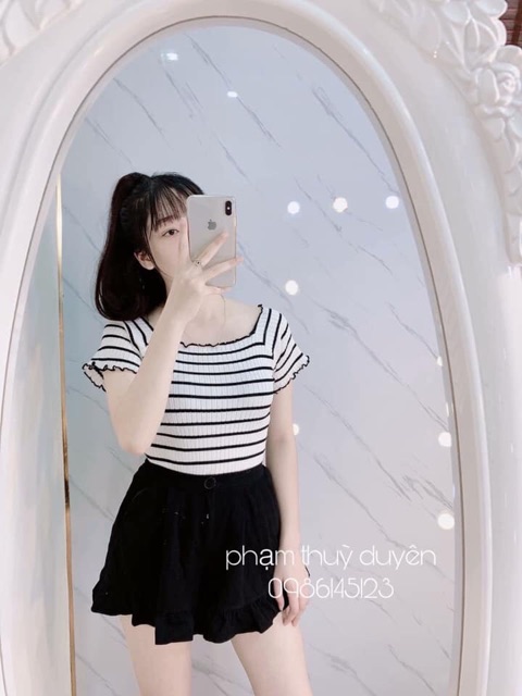 Áo trễ vai kẻ mã 407