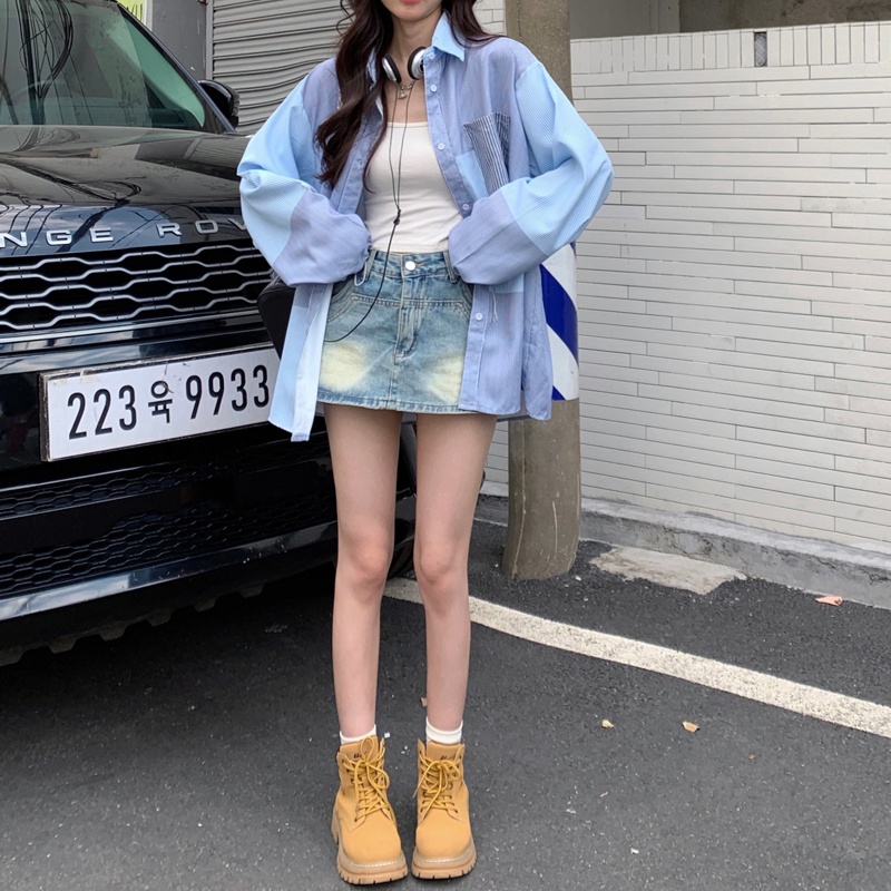 IELGY  Áo Sơ Mi Dài Vừa Kẻ Sọc Thời Trang Cho Nữ