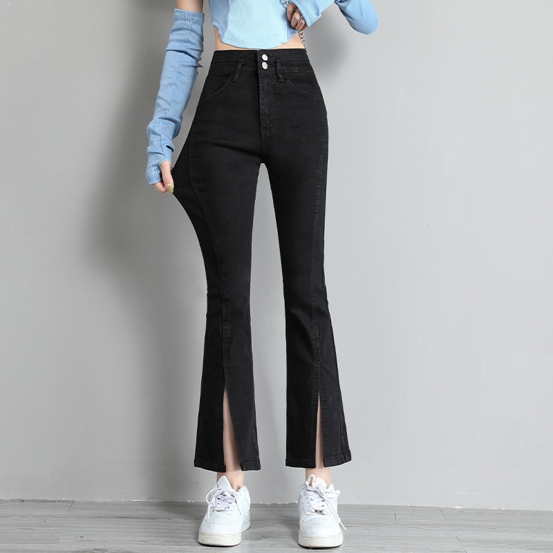 Quần jeans SUXI đen lưng cao ống loe xẻ tà thời trang xuân thu cho nữ
