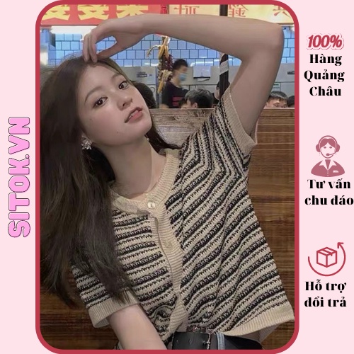 Áo croptop kẻ sọc nữ chất len mongtogi cổ tròn tiểu thư hàng Quảng Châu 100% [ảnh shop chụp ở cuối]
