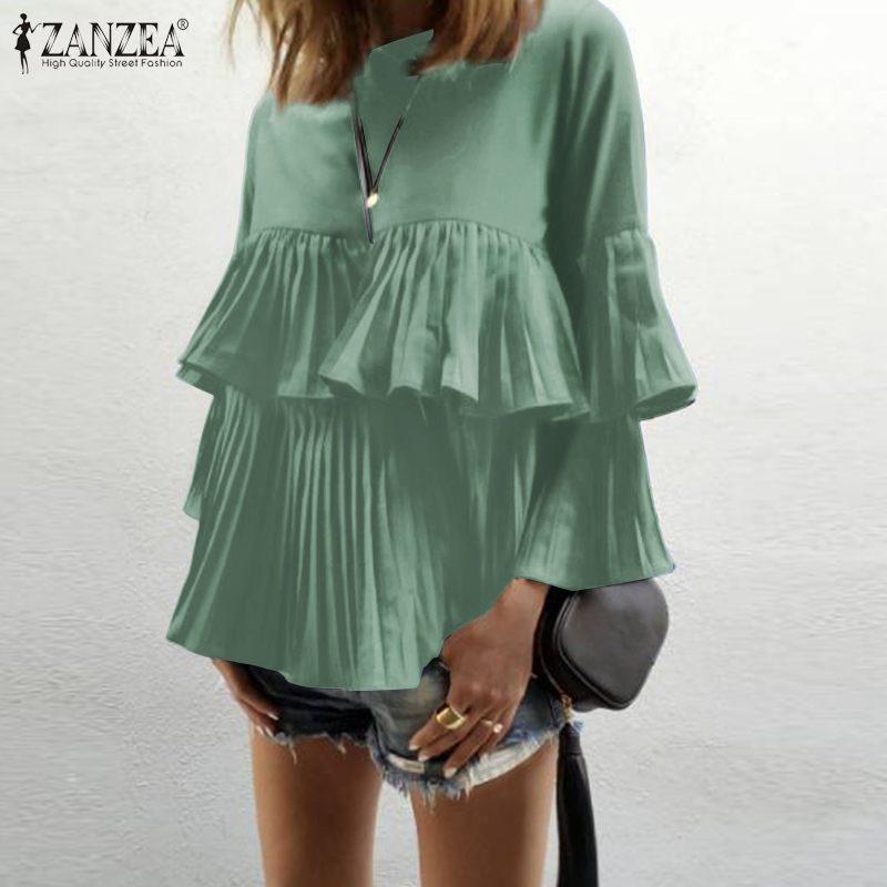 Áo ZANZEA Cổ Tròn Tay Áo Loe Xếp Ly Thời Trang Nữ