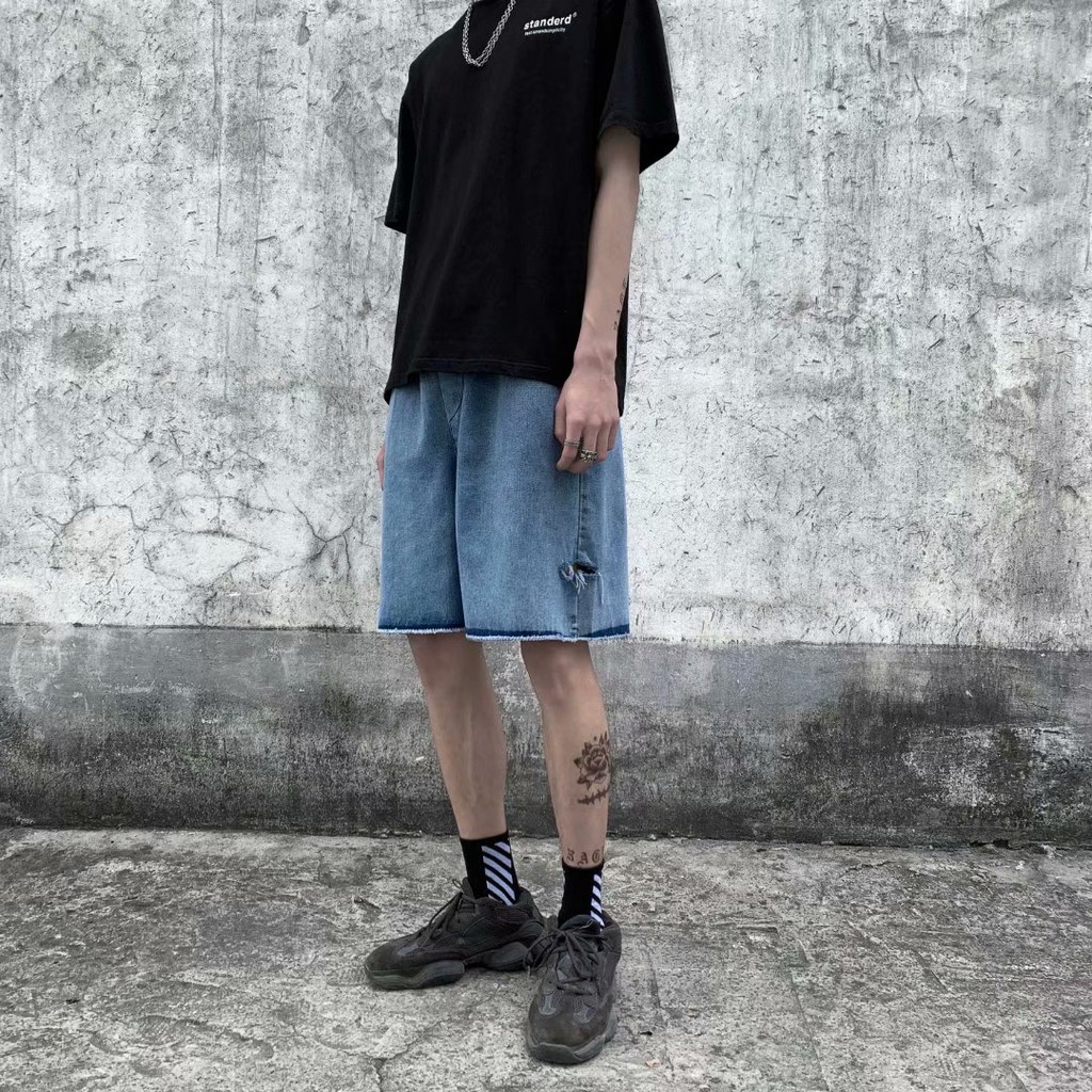 Quần Short Denim Ống Rộng Phối Rách Cá Tính Dành Cho Nam/ Kích Cỡ S-5XL | BigBuy360 - bigbuy360.vn
