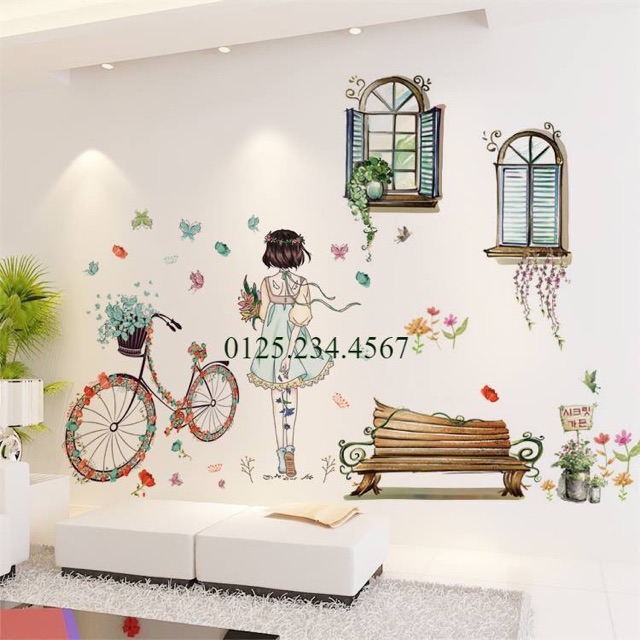 Decal dán tường Combo 2 tranh cô gái xe đạp + khung cửa công viên