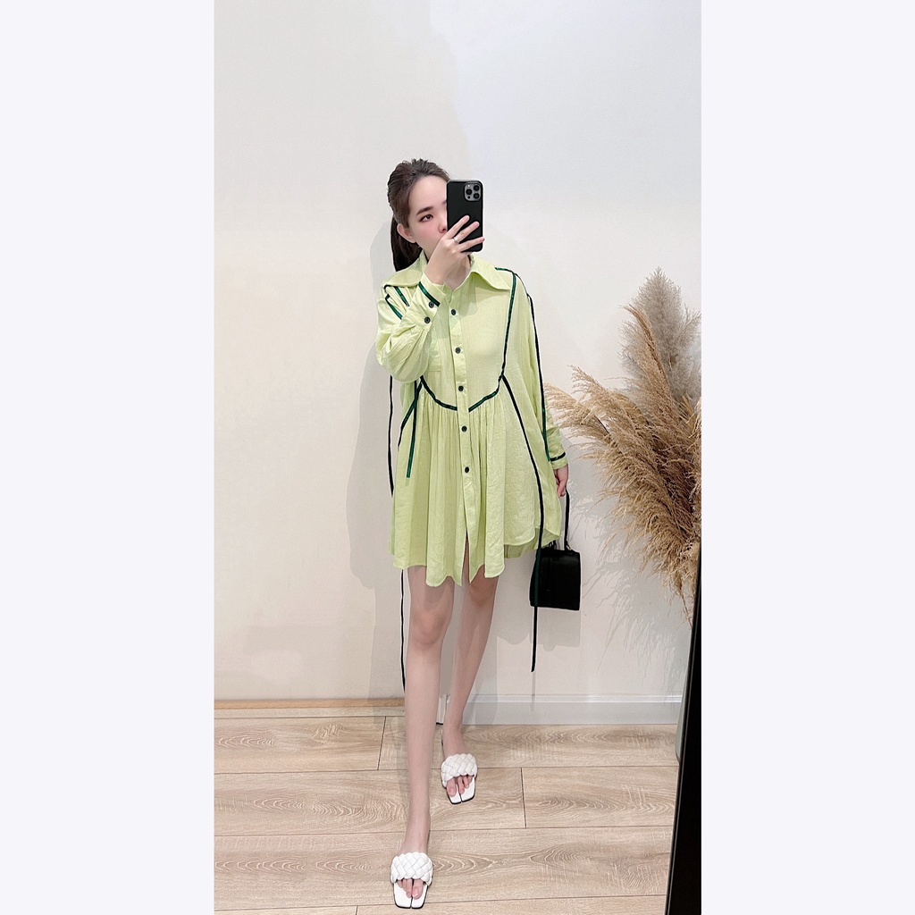 Áo váy cổ sơ mi túi ngực phối dây tay dài cài nút 0AV.00027