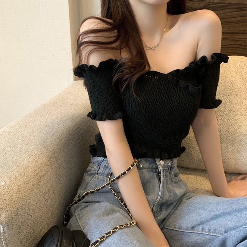 Áo Dệt Kim Tay Ngắn Trễ Vai Dáng Ôm Phong Cách Hàn Quốc Thời Trang Quyến Rũ Cho Nữ