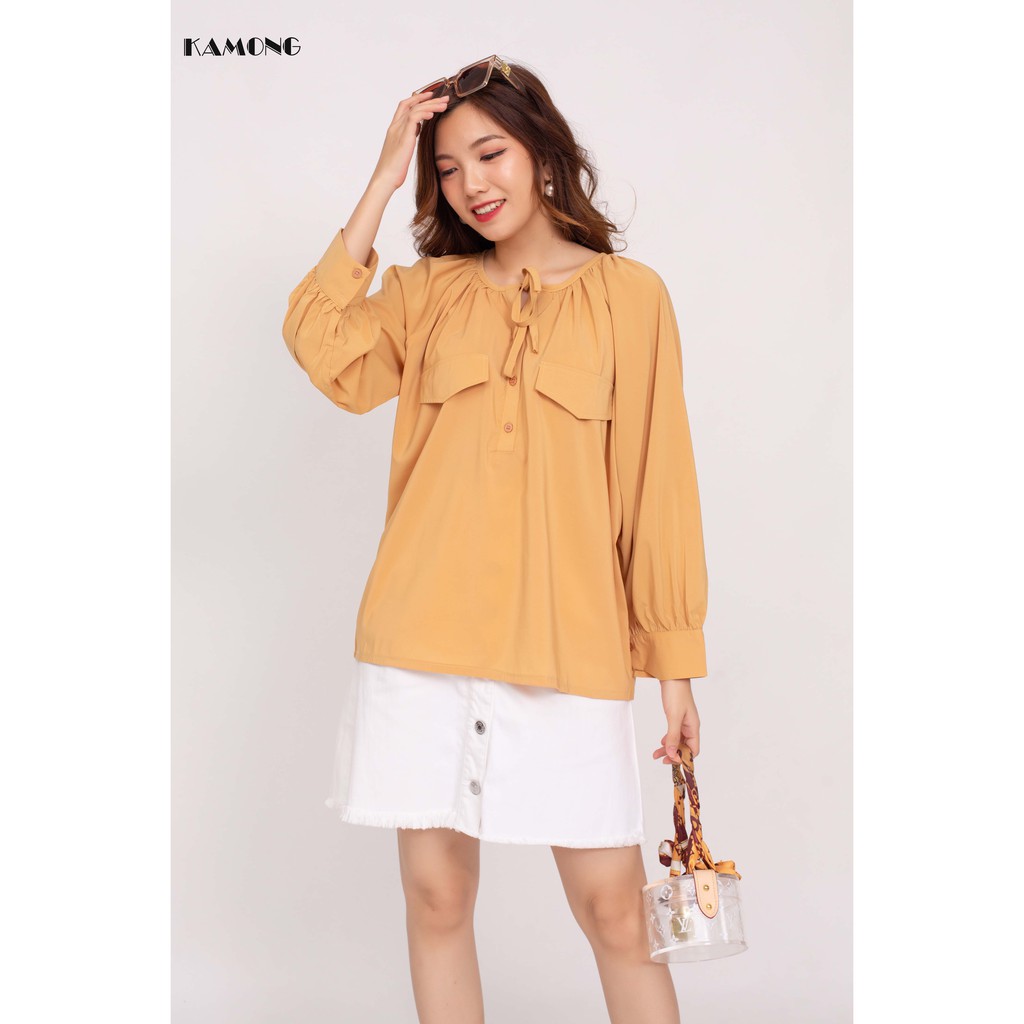 Áo kiểu cổ nhún thắt nơ KAMONG A037