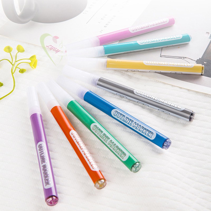 LE 8 Colors Double Line Outline Pen Highlighter Marker Pen for Writing Drawing @VN