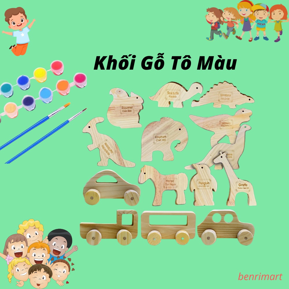 Combo 14 Khối Gỗ Tô Màu Động Vật Hoang Dã ,Phương Tiện Cho Bé Thỏa Sức Sáng Tạo - Gỗ An Toàn 100%