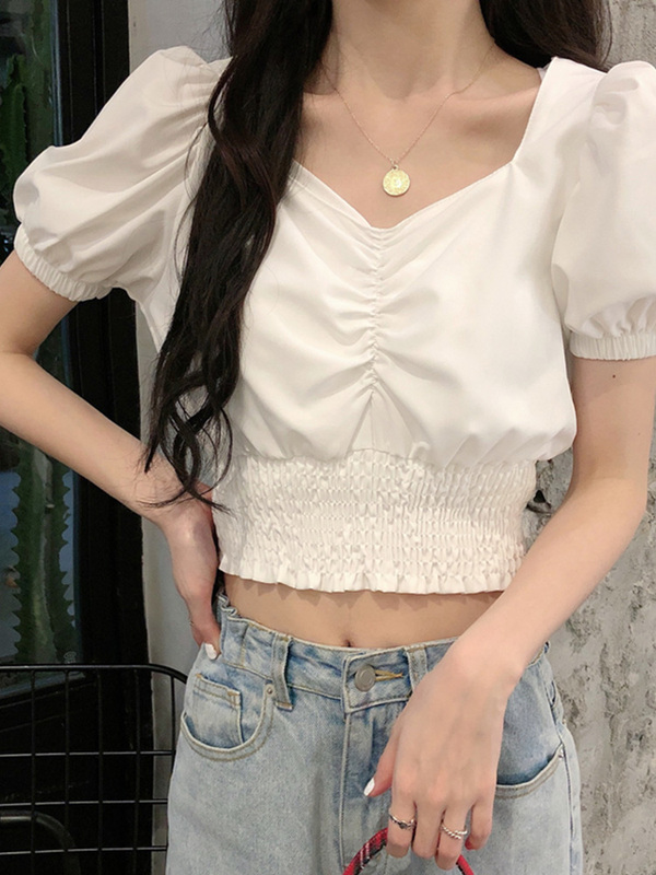 Áo kiểu nữ croptop ôm tay ngắn bồng 2021, áo croptop nữ đẹp màu trắng cổ V dúm ngực ôm eo thời trang hàn quốc du lịch