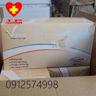 Găng tay Latex không bột phủ Polymer Vglove Khải Hoàn hôp 100 chiếc màu trắng size M