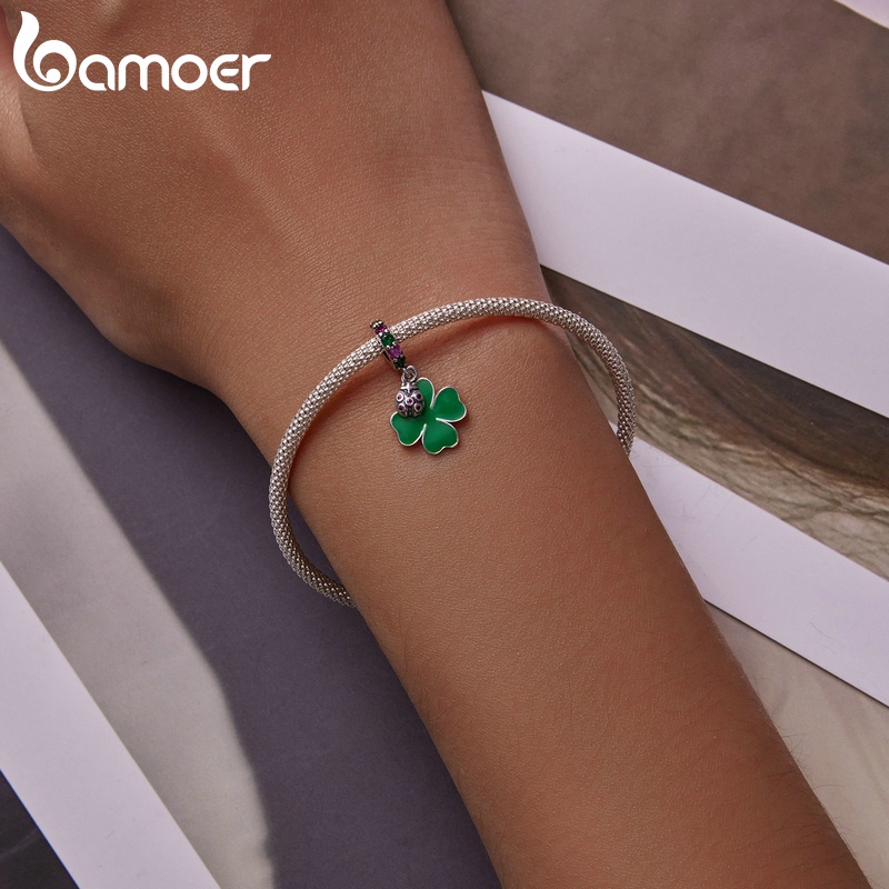 Hạt xỏ lỗ BAMOER SCC2187 bạc 925 hình cỏ bốn lá và bọ cánh cứng làm vòng tay DIY