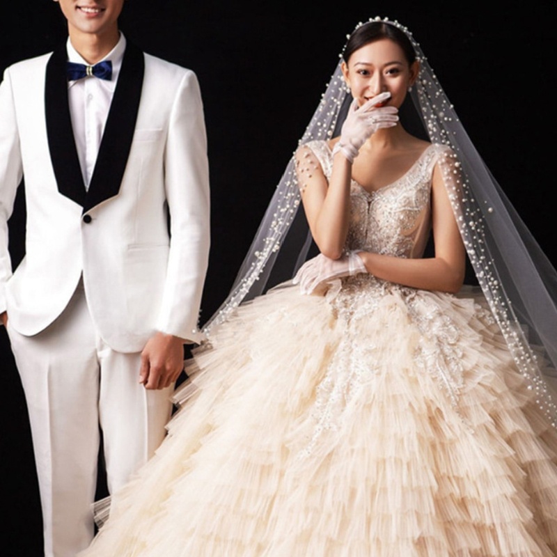 Mạng Che Mặt 1 Lớp Vải Tuyn Đính Ngọc Trai Cho Cô Dâu