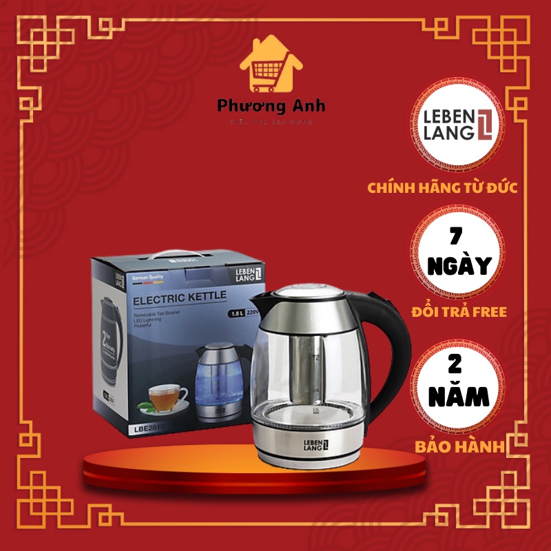Ấm Đun Siêu Tốc Thuỷ Tinh Lebenlang Hàng Chính Hãng Đức 1L8 Công Suất 2000W Có Lõi Lọc Trà