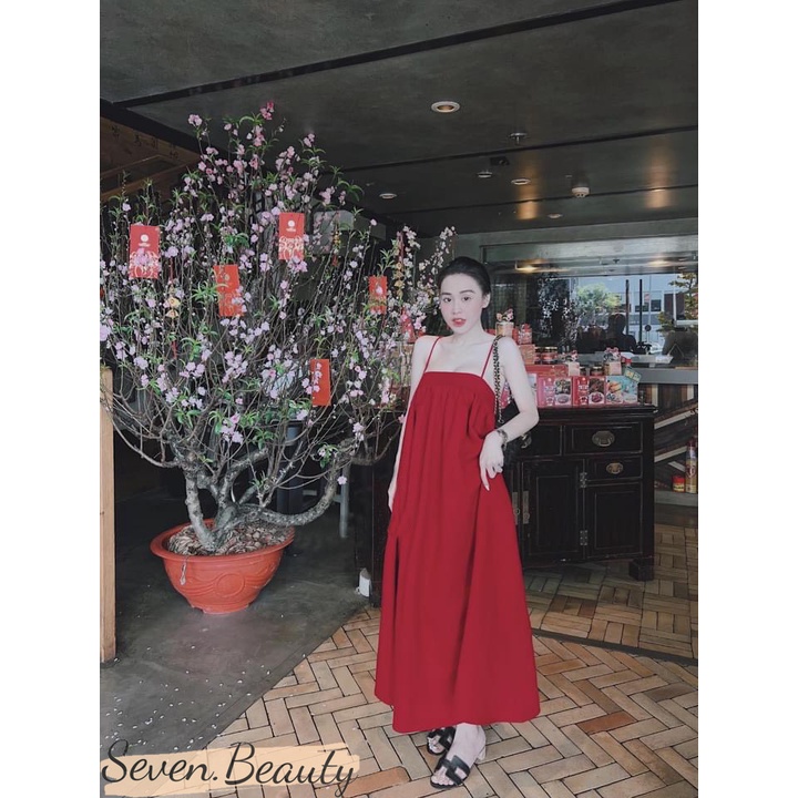 Đầm maxi đỏ, đầm suông nữ vải mềm mướt thiết kế chun sau, phong cách trẻ trung quyến rũ  7.beautiful V114