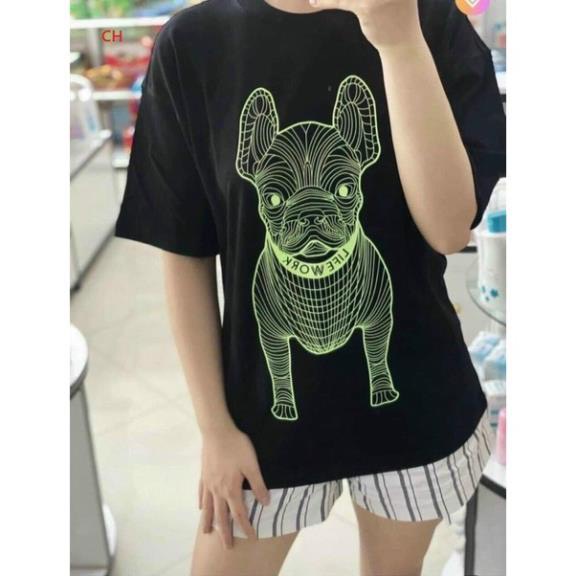 Áo phông form rộng ,áo thun nam nữ in cún life work siêu cute <65kg . 2 màu đen-trắng