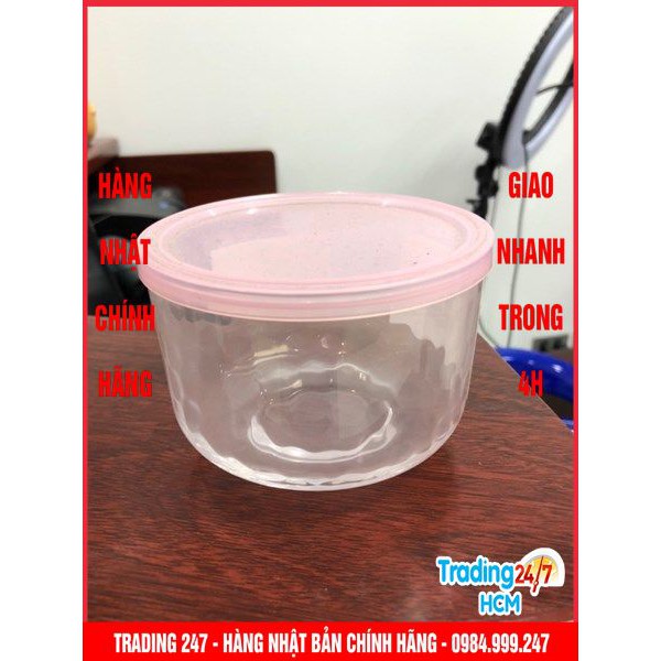 [Hỏa tốc HCM] Hộp thủy tinh có nắp đậy loại màu hồng tròn 420ml Nội địa Nhật Bản