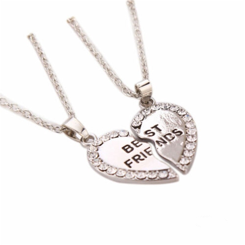 Best Friend Heart Silver Gold Rhinestone 2 Pendants Necklace Bff Friendship Gift Jewelry