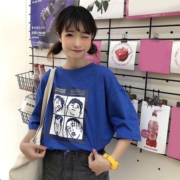 Summer Letters Cartoon Short-sleeved T-shirt Women's Loose Half-sleeved Blue Top