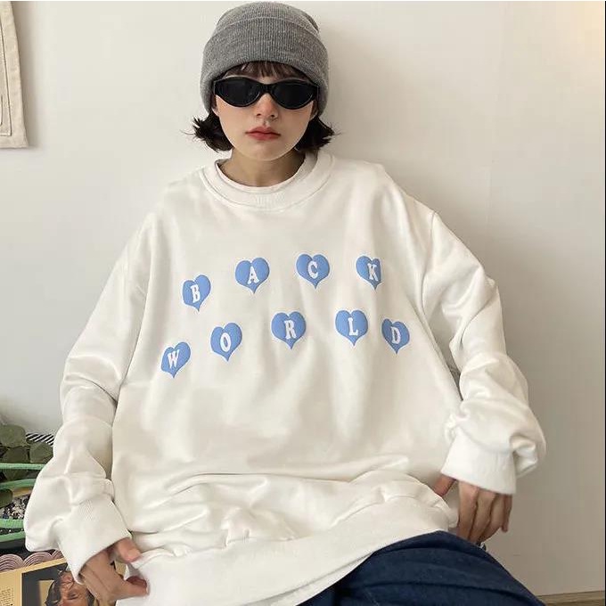 Áo sweater chui đầu cổ tròn tay dài dáng rộng in hình trái tim thời trang Hàn Quốc cho nữ 2021
