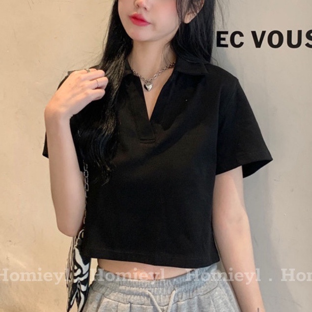 Áo croptop nữ cổ polo V dáng vừa tay ngắn Homieyl cao cấp màu đen trắng đi chơi, đi làm