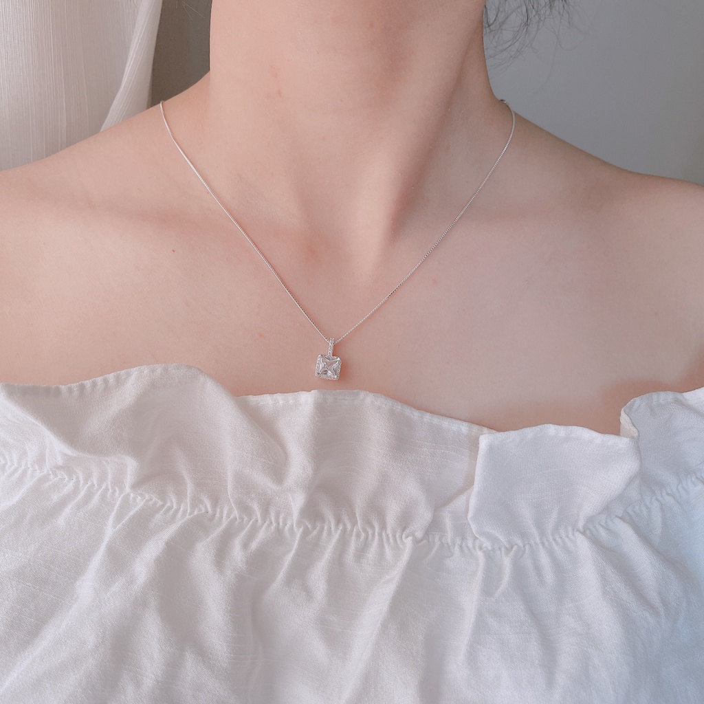Dây chuyền Bạc gắn đá pha lê vuông lấp lánh cỡ lớn /Vòng cổ Bạc cao cấp_ 𝐂𝐚𝐦 𝐤𝐞̂́𝐭 𝐜𝐡𝐮𝐚̂̉𝐧 𝐁𝐚̣𝐜 _TUNA SILVER