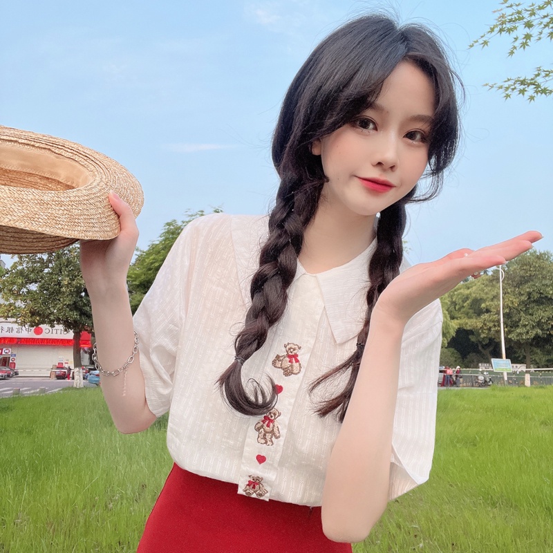 Áo Thun Nữ Ngắn Tay Thêu Hình Gấu Phong Cách Hàn Quốc