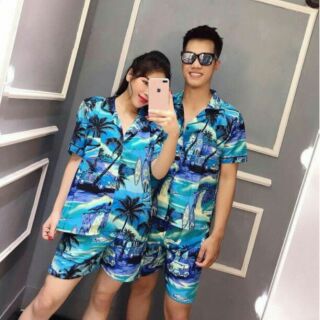 Bộ đi biển nam nữ chất kate cổ sơ mi mẫu cây dừa