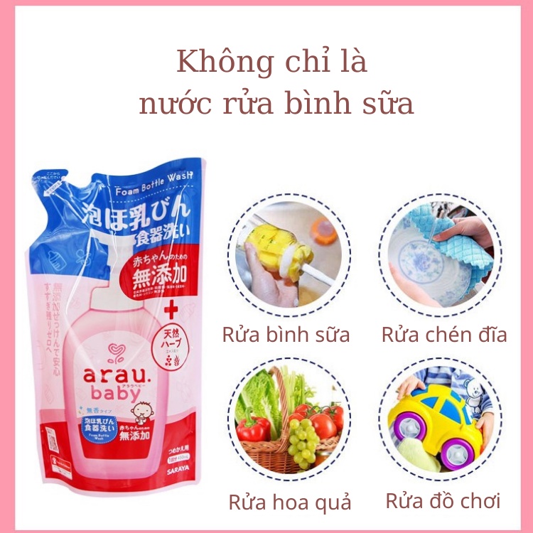 Rửa Bình Sữa, Nước Rửa Bình Sữa Arau Nhật Bản Chai 500 Ml Túi 450 Ml Làm Sạch Không Cồn Không Hương Liệu An Toàn Cho Bé