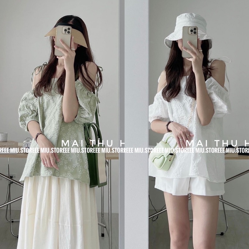 ÁO TRỄ VAI HAI DÂY TAY BỒNG THÊU HOA CÚC NHỎ ATHT2S